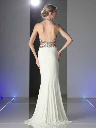 CD-CM1511 Sequined Halter Top Evening Dress - Off White, Back View Medium