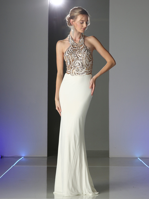 CD-CM1511 Sequined Halter Top Evening Dress, Off White