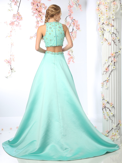 CD-CP802 Two Piece Beade Top Prom Dress - Sage Green, Back View Medium