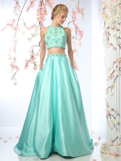 CD-CP802 Two Piece Beade Top Prom Dress - Sage Green, Front View Medium