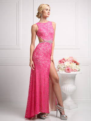 CD-CP807 Lace Evening Dress with Open Back, Hot Pink