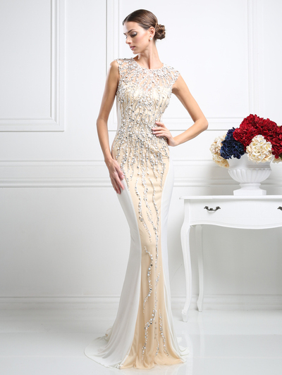 CD-CR704 Two Toned Fitted Evening Gown with Beading - Off White, Front View Medium