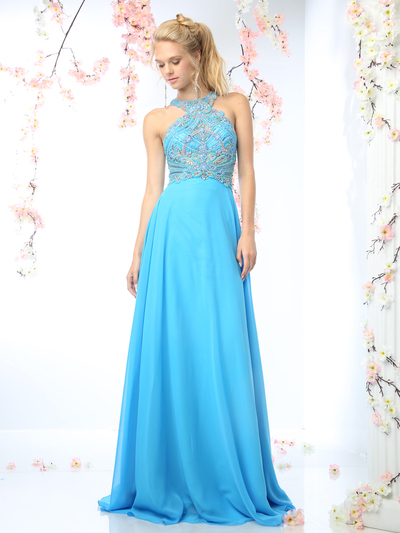 CD-CR730 Halter Top Beaded Evening Dress - Perry Blue, Front View Medium
