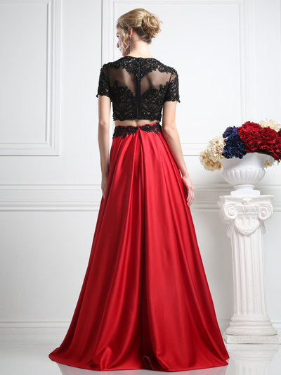 CD-CR747 Short Sleeve Embellished Top Formal Gown - Red Black, Back View Medium