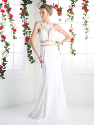 CD-CR749 Mock Two Piece Bridal Evening Dress with Pearl Beading, Ivory