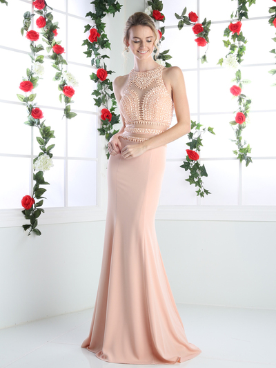 CD-CR749 Mock Two Piece Bridal Evening Dress with Pearl Beading - Peach, Front View Medium
