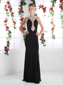 CD-CR751 Long Evening Dress with Plunging Neckline - Black, Front View Thumbnail