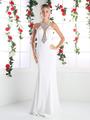 CD-CR751 Long Evening Dress with Plunging Neckline - White, Front View Thumbnail