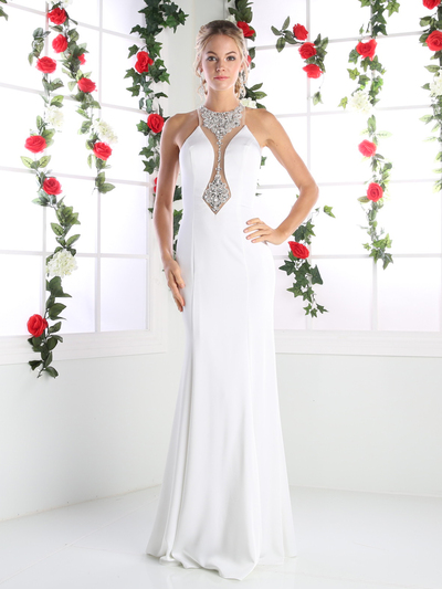 CD-CR751 Long Evening Dress with Plunging Neckline - White, Front View Medium