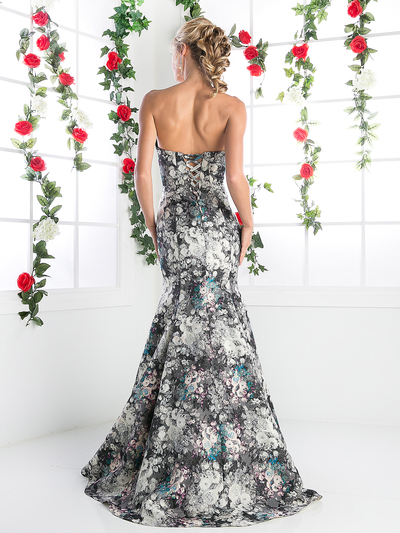 CD-CR762 Strapless Floral Print Trumpet Gown - Blue, Back View Medium