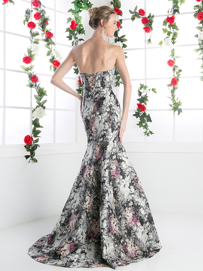 CD-CR762 Strapless Floral Print Trumpet Gown - Red, Back View Medium