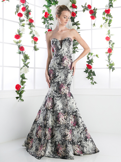 CD-CR762 Strapless Floral Print Trumpet Gown - Red, Front View Medium