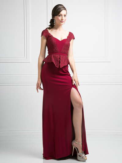 CD-DS317 Mock Two Piece Mother-of-the-Bride Dress - Burgundy, Front View Medium