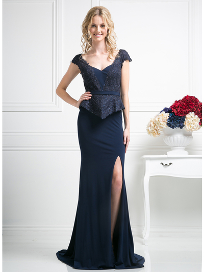 CD-DS317 Mock Two Piece Mother-of-the-Bride Dress - Navy, Front View Medium