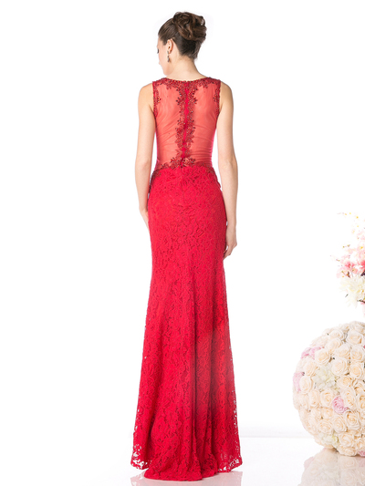 CD-J742 Sleeveless Lace Overlay Evening Dress - Red, Back View Medium