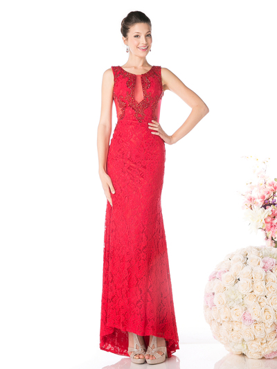 CD-J742 Sleeveless Lace Overlay Evening Dress - Red, Front View Medium