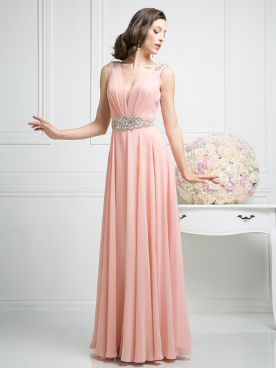 CD-J746 Sleeveless Evening Dress with Jeweled Detail  - Blush, Front View Medium