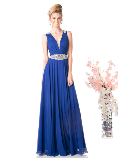 CD-J746 Sleeveless Evening Dress with Jeweled Detail  - Royal, Front View Medium