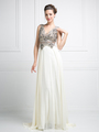 CD-J748 Illusion V-Neck Evening Dress with Sheer Back - Cream, Front View Thumbnail