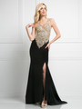 CD-J750 Sleeveless V-Neck Evening Dress with Slit - Black Gold, Front View Thumbnail