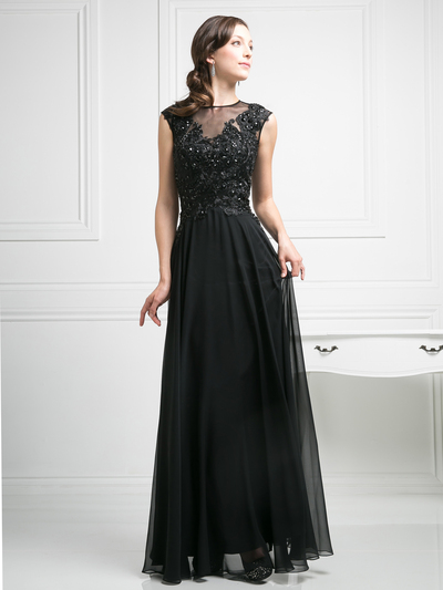 CD-J751 Sheer Neckline Embellished Evening Dress - Black, Front View Medium