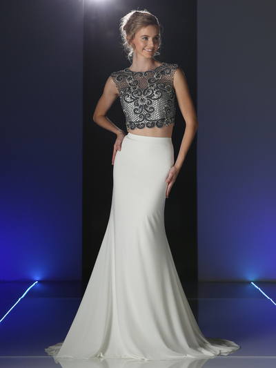 CD-J755 Two piece Sleeveless Beaded Prom Evening Dress - Ivory, Front View Medium