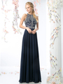 CD-JC3198 High Neck Beaded Top Prom Dress - Navy, Front View Thumbnail