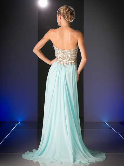 CD-JC3780 Prom gown with Metal Floral Belt - Sky Blue Gold, Back View Medium