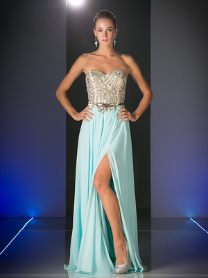 CD-JC3780 Prom gown with Metal Floral Belt, Sky Blue Gold