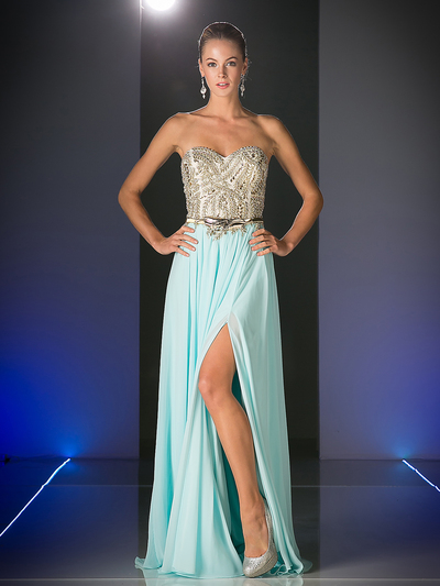 CD-JC3780 Prom gown with Metal Floral Belt - Sky Blue Gold, Front View Medium
