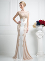 CD-JC4295 Two Tone Capped Sleeves Evening Dress with Applique - Ivory Gold, Front View Thumbnail