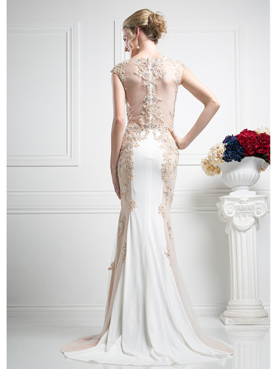 CD-JC4295 Two Tone Capped Sleeves Evening Dress with Applique - Ivory Gold, Back View Medium