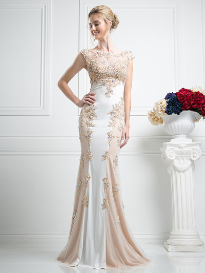 CD-JC4295 Two Tone Capped Sleeves Evening Dress with Applique - Ivory Gold, Front View Medium