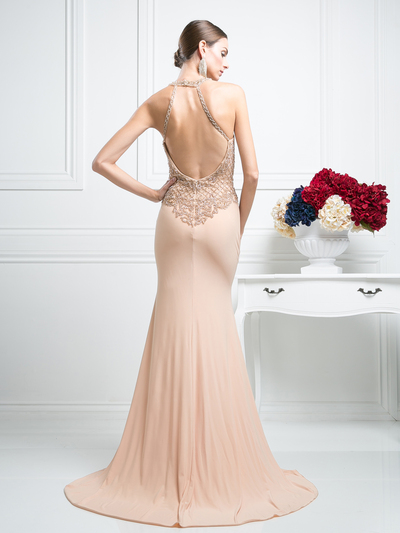 CD-KD012 Halter Beaded Top Backless Gown with Train - Champagne, Back View Medium