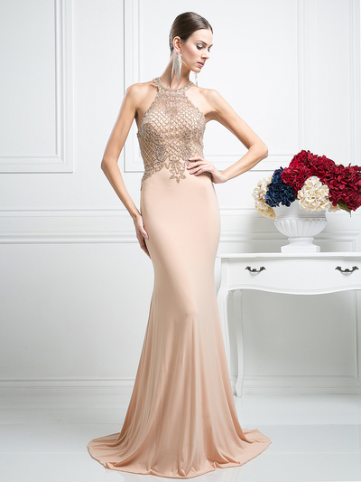 CD-KD012 Halter Beaded Top Backless Gown with Train - Champagne, Front View Medium