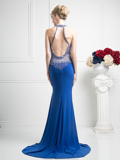 CD-KD012 Halter Beaded Top Backless Gown with Train - Royal, Back View Medium