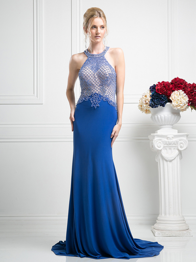 CD-KD012 Halter Beaded Top Backless Gown with Train - Royal, Front View Medium