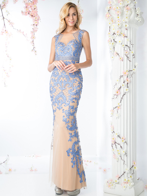 CD-KD015 Illusion Sleeveless Embellished Evening Dress, Perry Blue