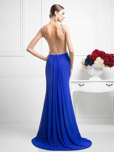 CD-KD019 Halter Top Evening Dress with Side Cutouts - Royal, Back View Medium