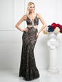 CD-KD020 Open Back Lace Evening Gown - Teal Nude, Front View Thumbnail