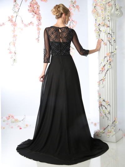 CD-KD026 Mother of the Bride Beaded Bodice Gown with Sheer Overlay - Black, Back View Medium