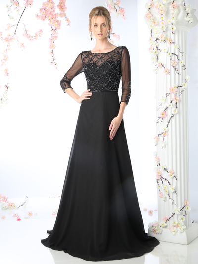 CD-KD026 Mother of the Bride Beaded Bodice Gown with Sheer Overlay - Black, Front View Medium