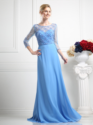 CD-KD026 Mother of the Bride Beaded Bodice Gown with Sheer Overlay, Perry Blue