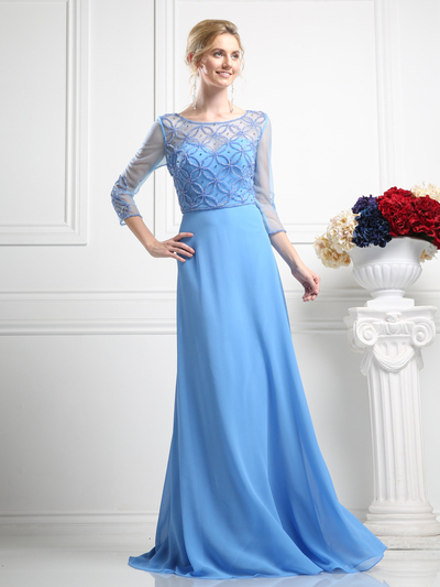 CD-KD026 Mother of the Bride Beaded Bodice Gown with Sheer Overlay - Perry Blue, Front View Medium