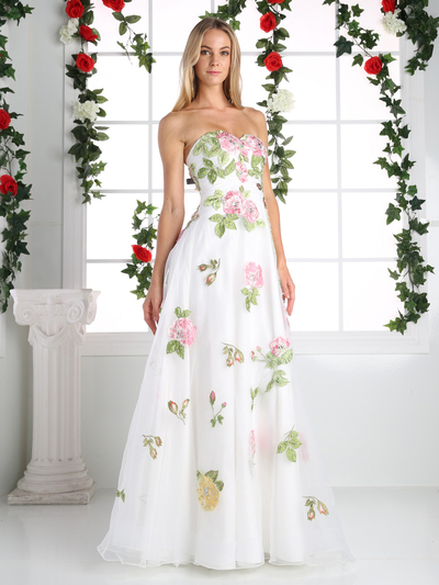 CD-ML6218 Strapless Sweetheart Rosette Prom Dress - Cream, Front View Medium