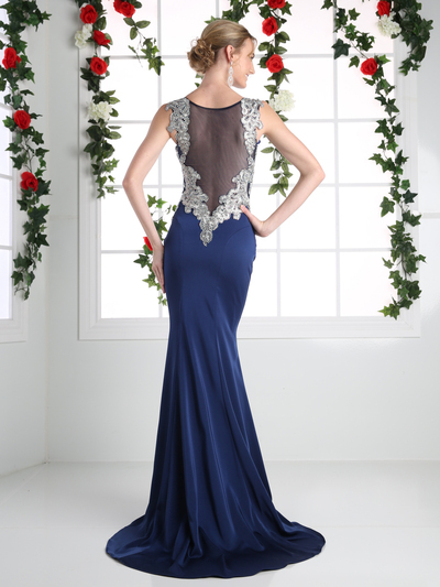 CD-ML6541 Illusion Beaded Top Evening Gown - Navy, Back View Medium