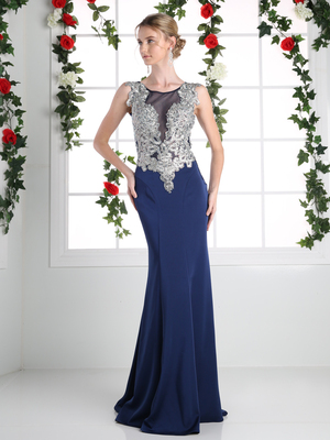 CD-ML6541 Illusion Beaded Top Evening Gown, Navy