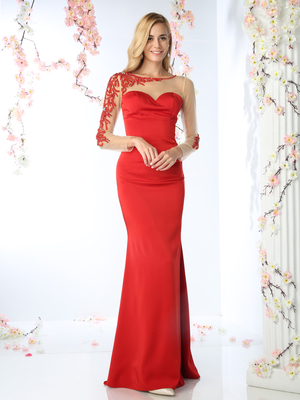 CD-P104 Illusion Long Sleeve Sweetheart Evening Gown , Red