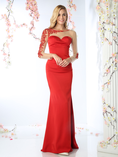 CD-P104 Illusion Long Sleeve Sweetheart Evening Gown  - Red, Front View Medium