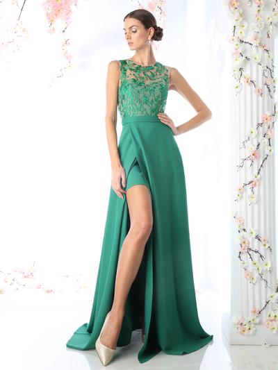 CD-P105 Embroidered Illusion Evening Dress - Green, Front View Medium